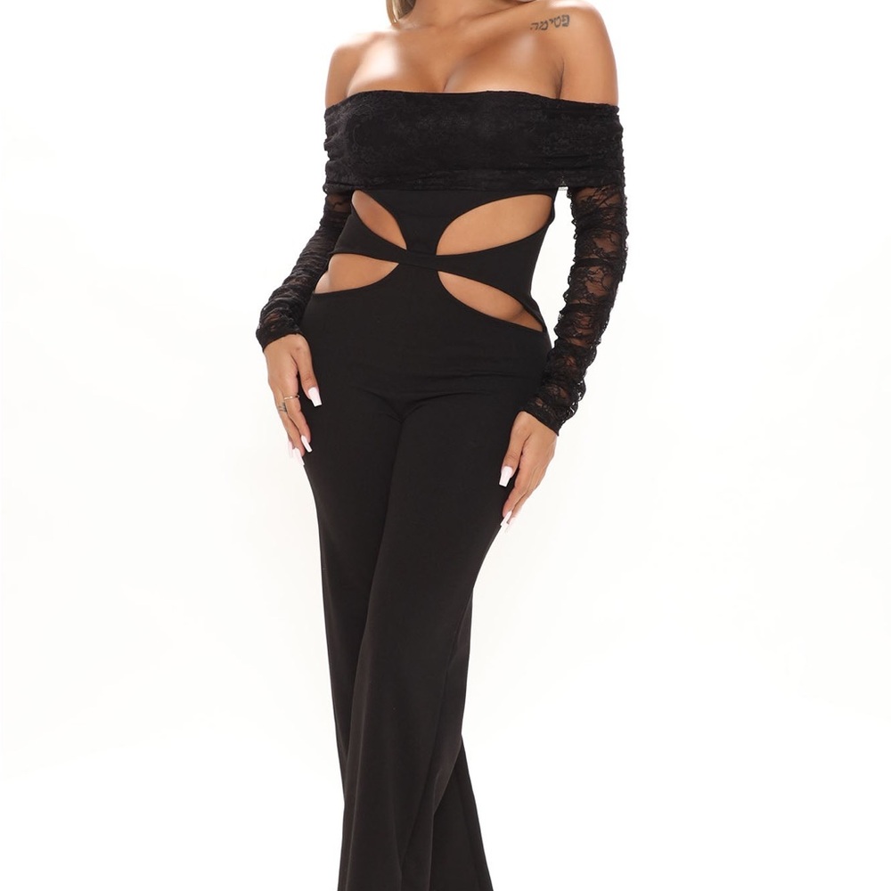 Black Off-Shoulder Jumpsuit with Waist Cutouts